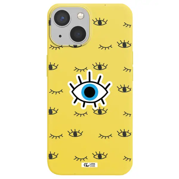 a blue eye with black eyeballs and eyelashes Apple iPhone 13 mini Silicone canary yellow Case
