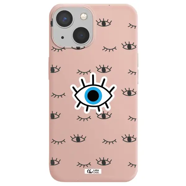 a blue eye with black eyeballs and eyelashes Apple iPhone 13 mini Silicone pastel pink Case