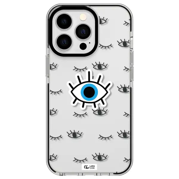 a blue eye with black eyeballs and eyelashes Apple iPhone 13 Pro impact black border Case