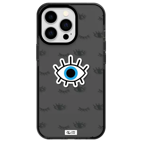 a blue eye with black eyeballs and eyelashes Apple iPhone 13 Pro impact Smoke Black Case