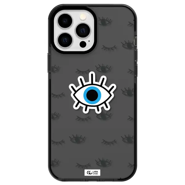 a blue eye with black eyeballs and eyelashes Apple iPhone 13 Pro Max impact Smoke Black Case