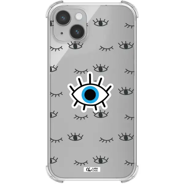 a blue eye with black eyeballs and eyelashes Apple iPhone 14 Clear PC Case
