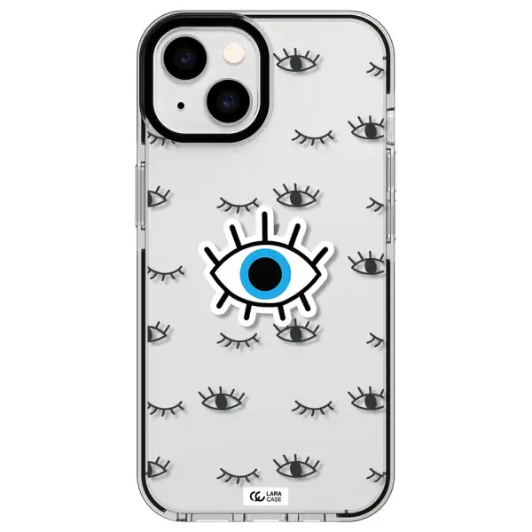 a blue eye with black eyeballs and eyelashes Apple iPhone 14 impact black border Case