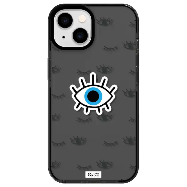 a blue eye with black eyeballs and eyelashes Apple iPhone 14 impact Smoke Black Case