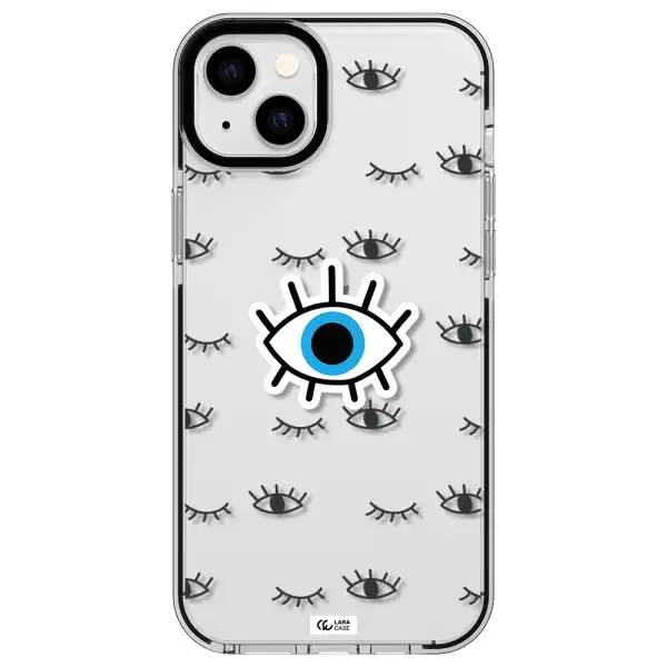 a blue eye with black eyeballs and eyelashes Apple iPhone 14 plus impact black border Case