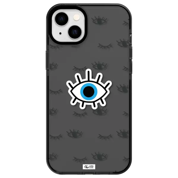 a blue eye with black eyeballs and eyelashes Apple iPhone 14 plus impact Smoke Black Case