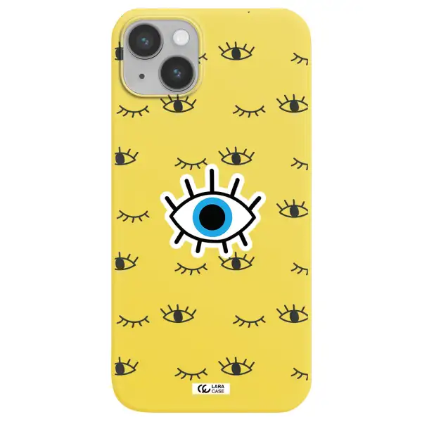a blue eye with black eyeballs and eyelashes Apple iPhone 14 plus Silicone canary yellow Case