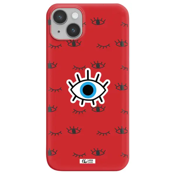 a blue eye with black eyeballs and eyelashes Apple iPhone 14 plus Silicone Imperial Red Case