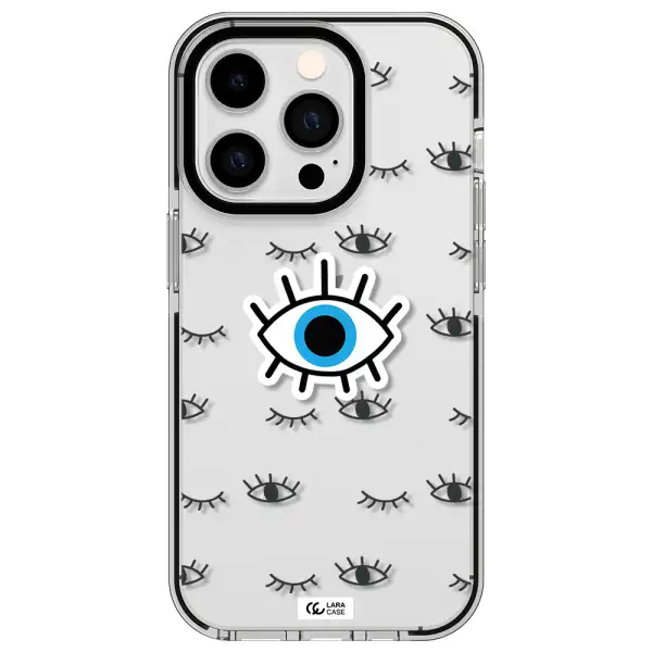 a blue eye with black eyeballs and eyelashes Apple iPhone 14 pro impact black border Case