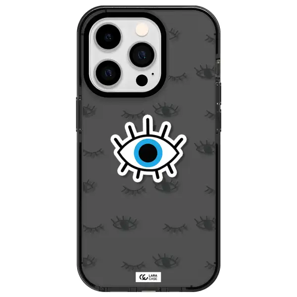 a blue eye with black eyeballs and eyelashes Apple iPhone 14 pro impact Smoke Black Case