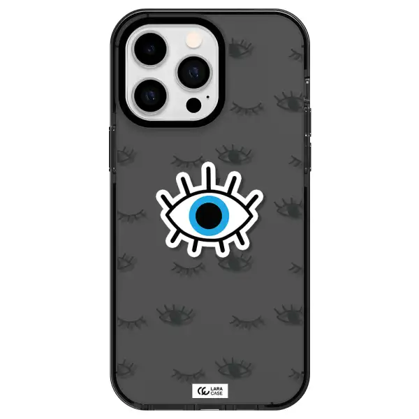 a blue eye with black eyeballs and eyelashes Apple iPhone 14 pro max impact Smoke Black Case