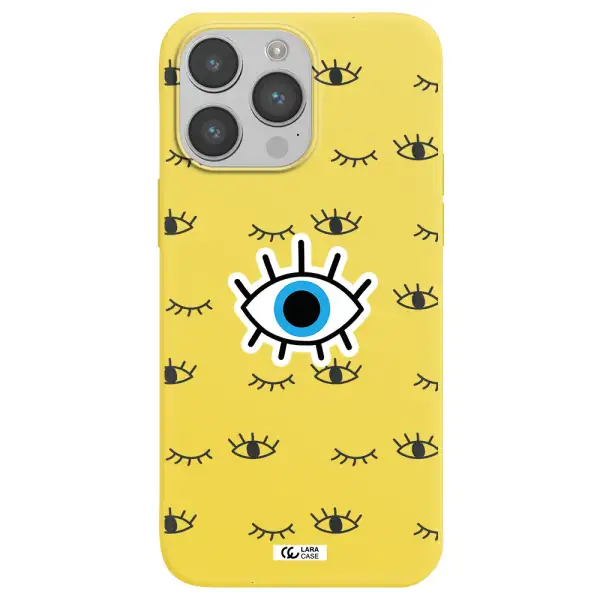 a blue eye with black eyeballs and eyelashes Apple iPhone 14 pro Silicone canary yellow Case