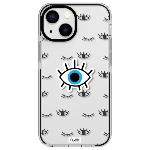 a blue eye with black eyeballs and eyelashes Apple iPhone 15 impact black border Case