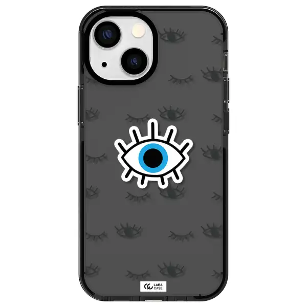 a blue eye with black eyeballs and eyelashes Apple iPhone 15 impact Smoke Black Case