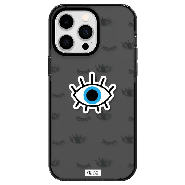 a blue eye with black eyeballs and eyelashes Apple iPhone 15 Pro impact Smoke Black Case