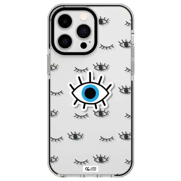 a blue eye with black eyeballs and eyelashes Apple iPhone 15 Pro Max impact black border Case