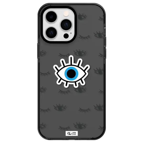 a blue eye with black eyeballs and eyelashes Apple iPhone 15 Pro Max impact Smoke Black Case