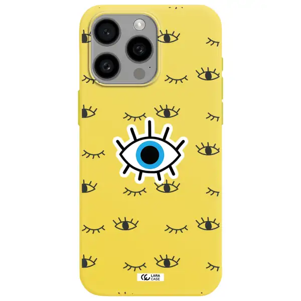 a blue eye with black eyeballs and eyelashes Apple Iphone 15 Pro max Silicone canary yellow Case
