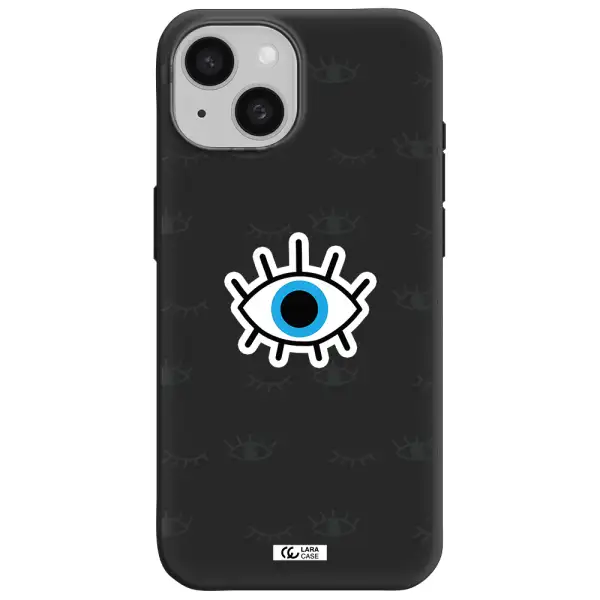 a blue eye with black eyeballs and eyelashes Apple iPhone 15 Silicone black Case