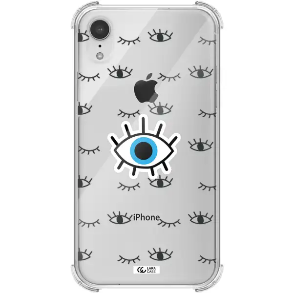 a blue eye with black eyeballs and eyelashes Apple iPhone XR Clear PC Case