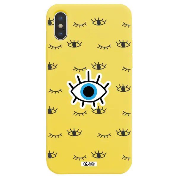 a blue eye with black eyeballs and eyelashes Apple iPhone XS Silicone canary yellow Case