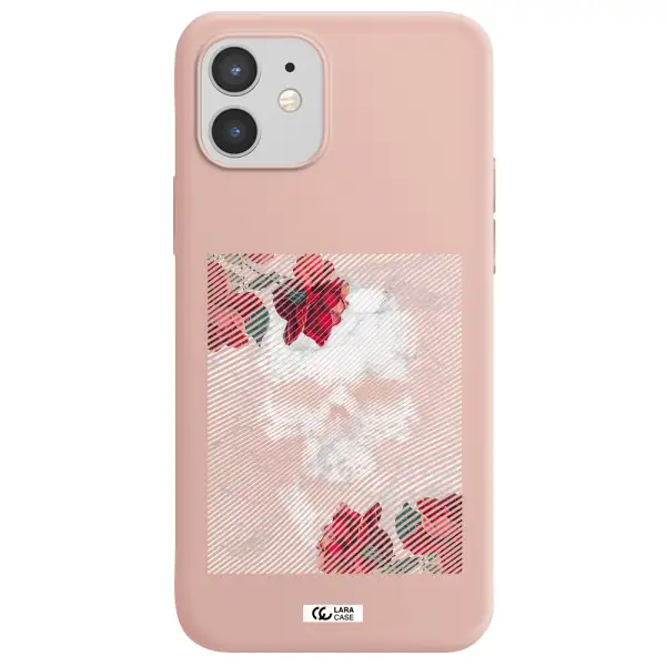 Rose And Skull Pattern Line Apple iPhone 12 Silicone pastel pink Case
