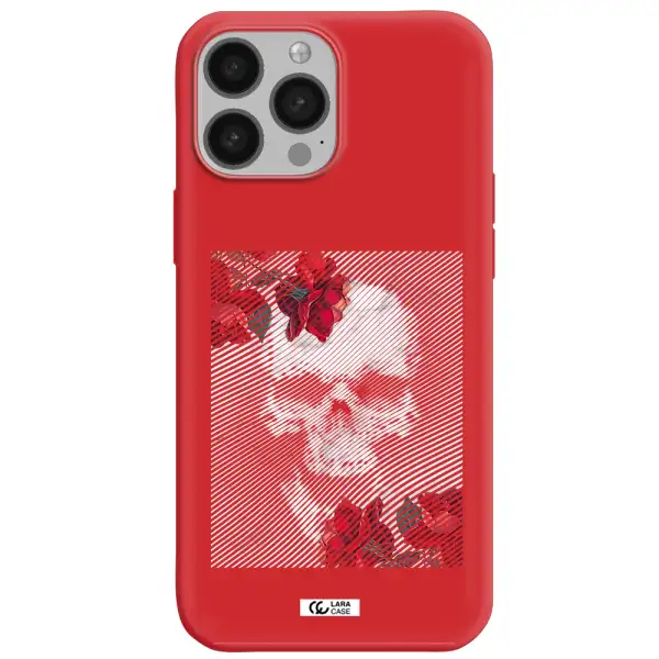 Rose And Skull Pattern Line Apple iPhone 13 Pro Silicone Imperial Red Case