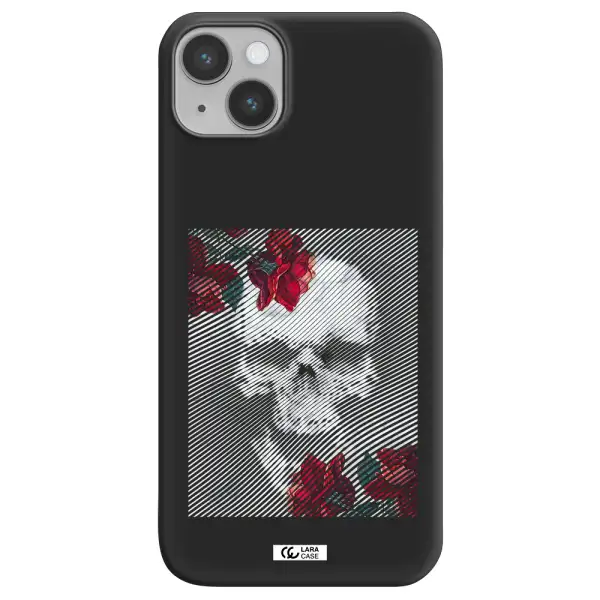 Rose And Skull Pattern Line Apple iPhone 14 plus Silicone black Case