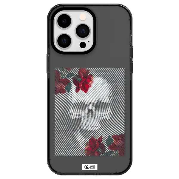 Rose And Skull Pattern Line Apple iPhone 14 pro max impact Smoke Black Case