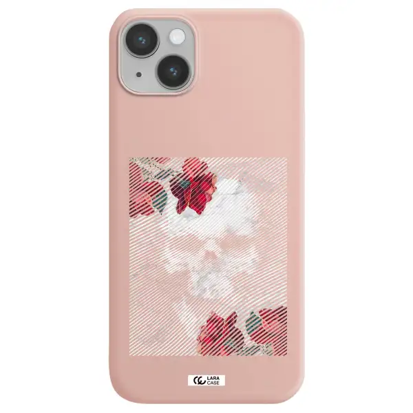 Rose And Skull Pattern Line Apple iPhone 14 Silicone pastel pink Case