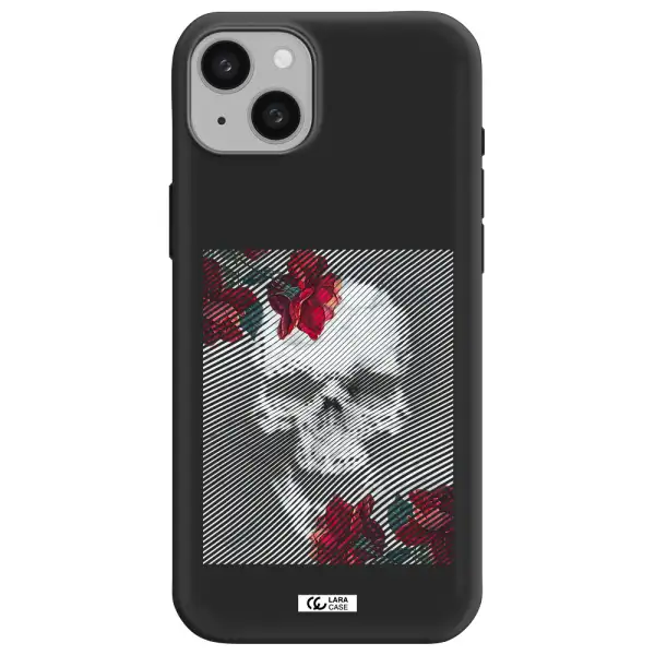Rose And Skull Pattern Line Apple iphone 15 plus Silicone black Case