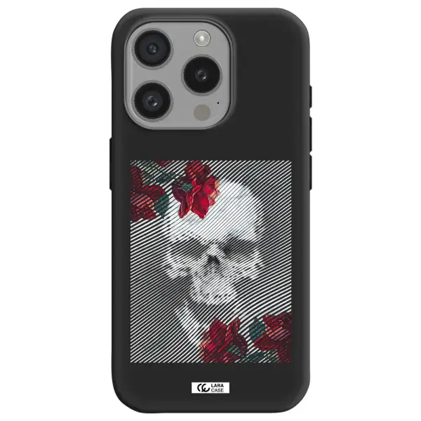 Rose And Skull Pattern Line Apple Iphone 15 Pro Silicone Black Case