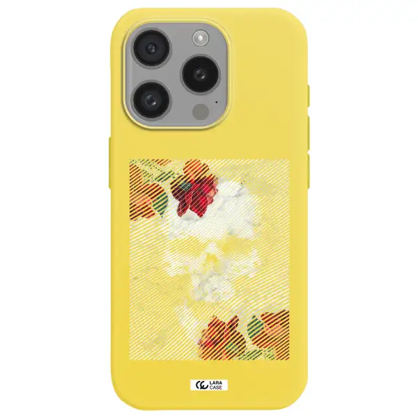 Rose And Skull Pattern Line Apple Iphone 15 Pro Silicone Canary Yellow Case