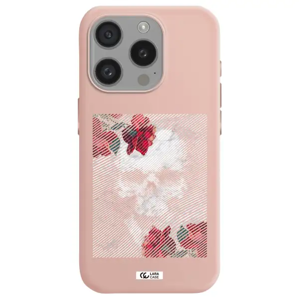 Rose And Skull Pattern Line Apple Iphone 15 Pro Silicone Pastel Pink Case