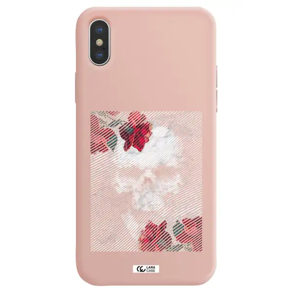 Rose And Skull Pattern Line Apple iPhone X Silicone pastel pink Case