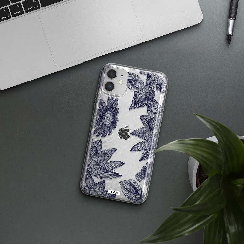 Blue Line Flower Apple iPhone 11 Clear TPU Case