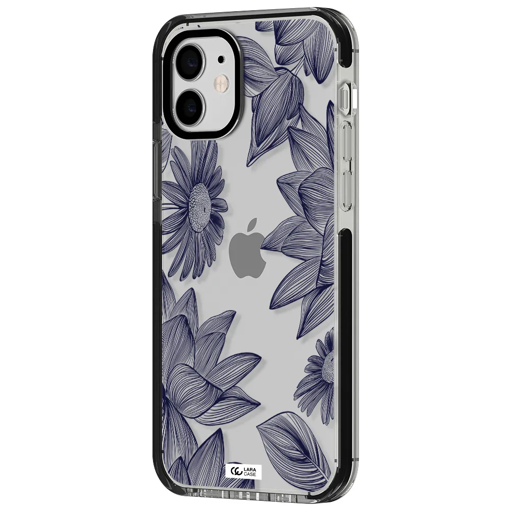 Blue Line Flower Apple iPhone 11 impact black border Case