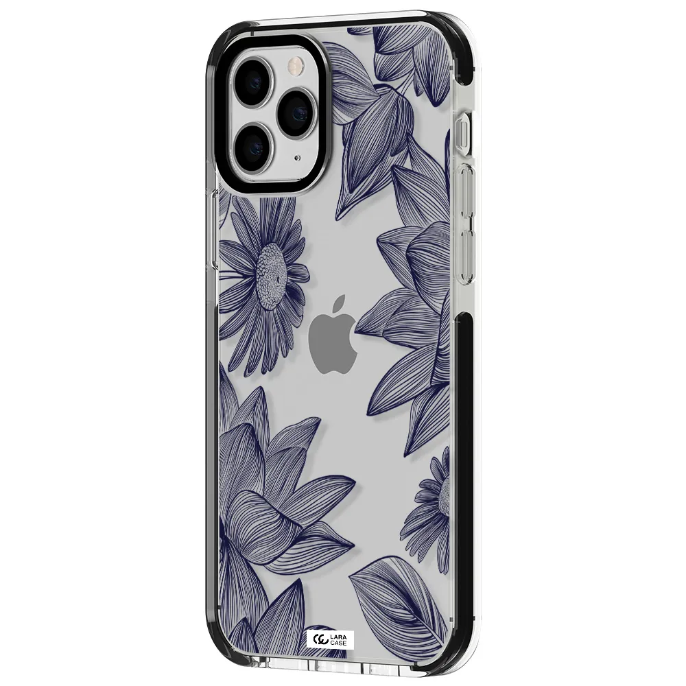 Blue Line Flower Apple iPhone 11 pro max impact black border Case
