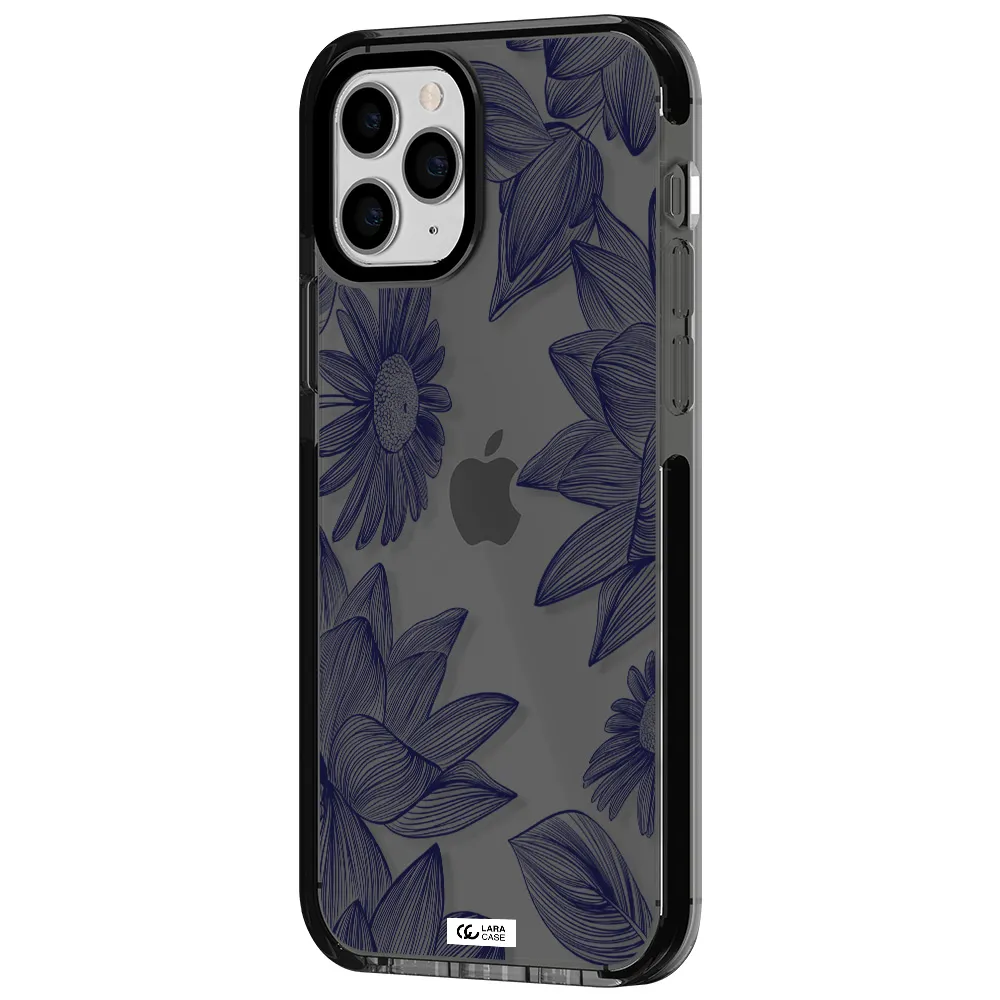 Blue Line Flower Apple iPhone 11 pro max impact Smoke Black Case