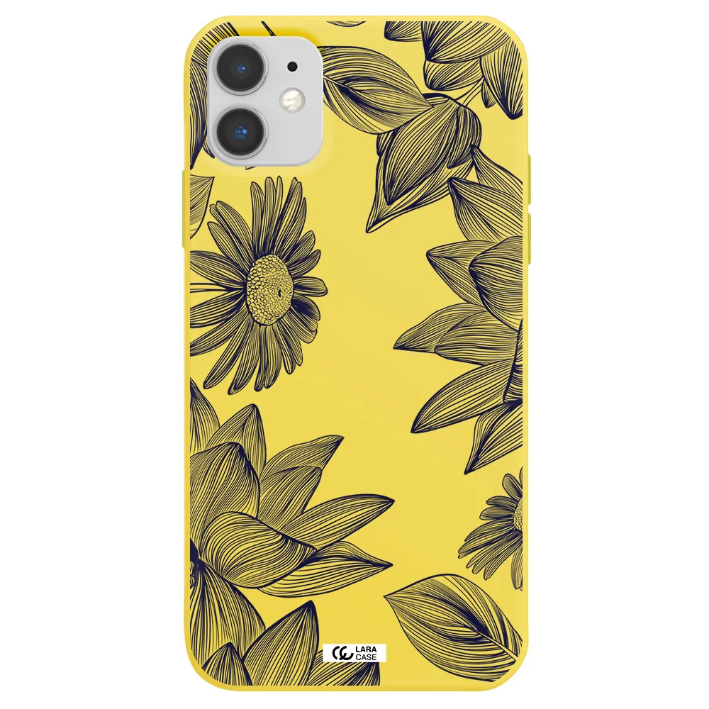 Blue Line Flower Apple iPhone 11 Silicone canary yellow Case