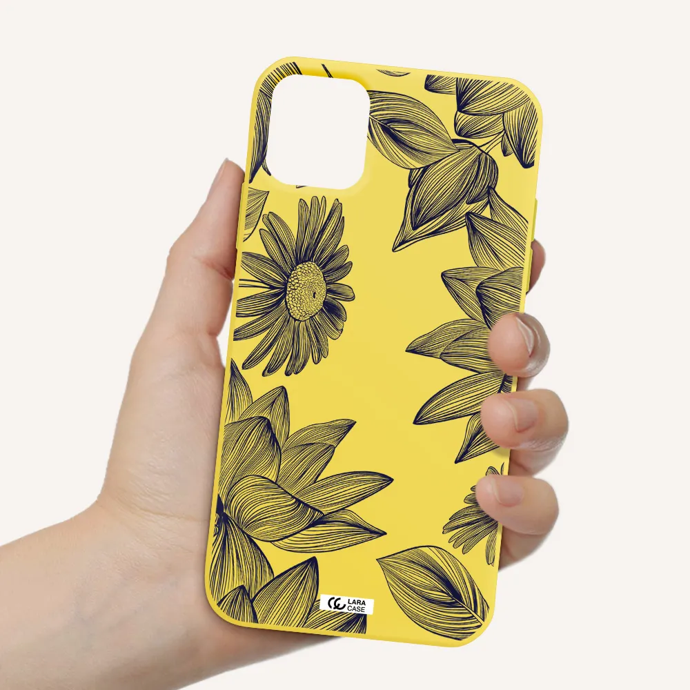 Blue Line Flower Apple iPhone 11 Silicone canary yellow Case