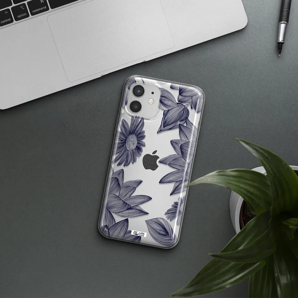 Blue Line Flower Apple iPhone 12 mini Clear TPU Case