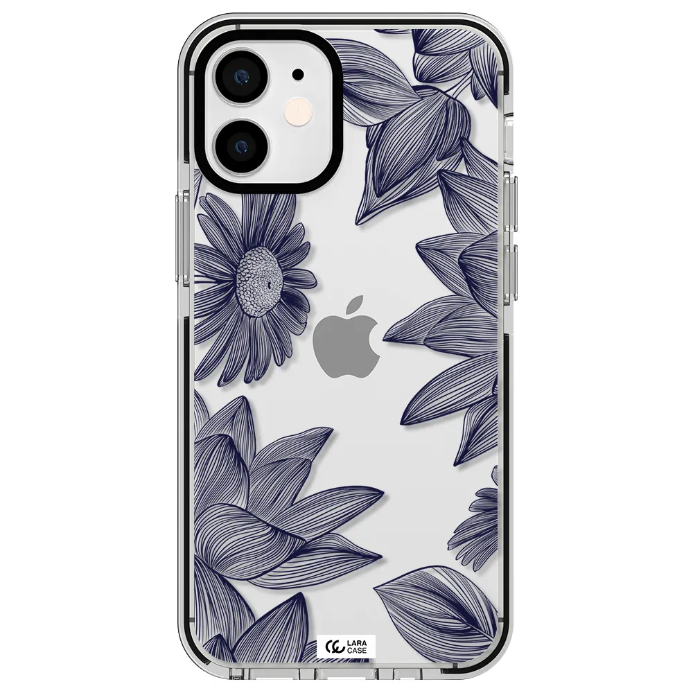 Blue Line Flower Apple iPhone 12 mini impact black border Case