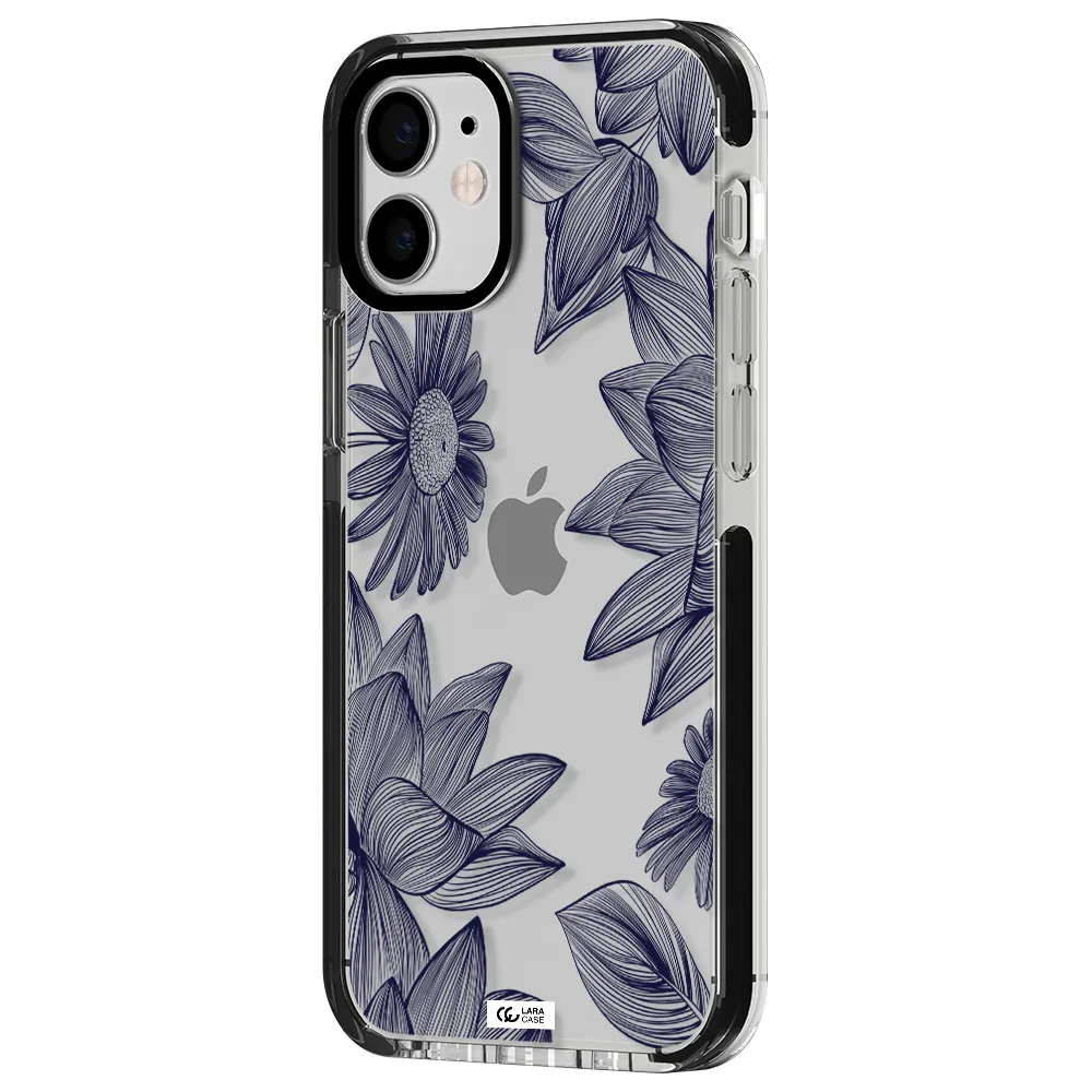 Blue Line Flower Apple iPhone 12 mini impact black border Case