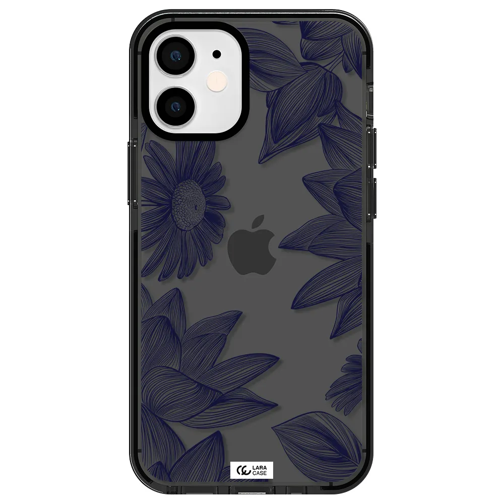 Blue Line Flower Apple iPhone 12 mini impact Smoke Black Case