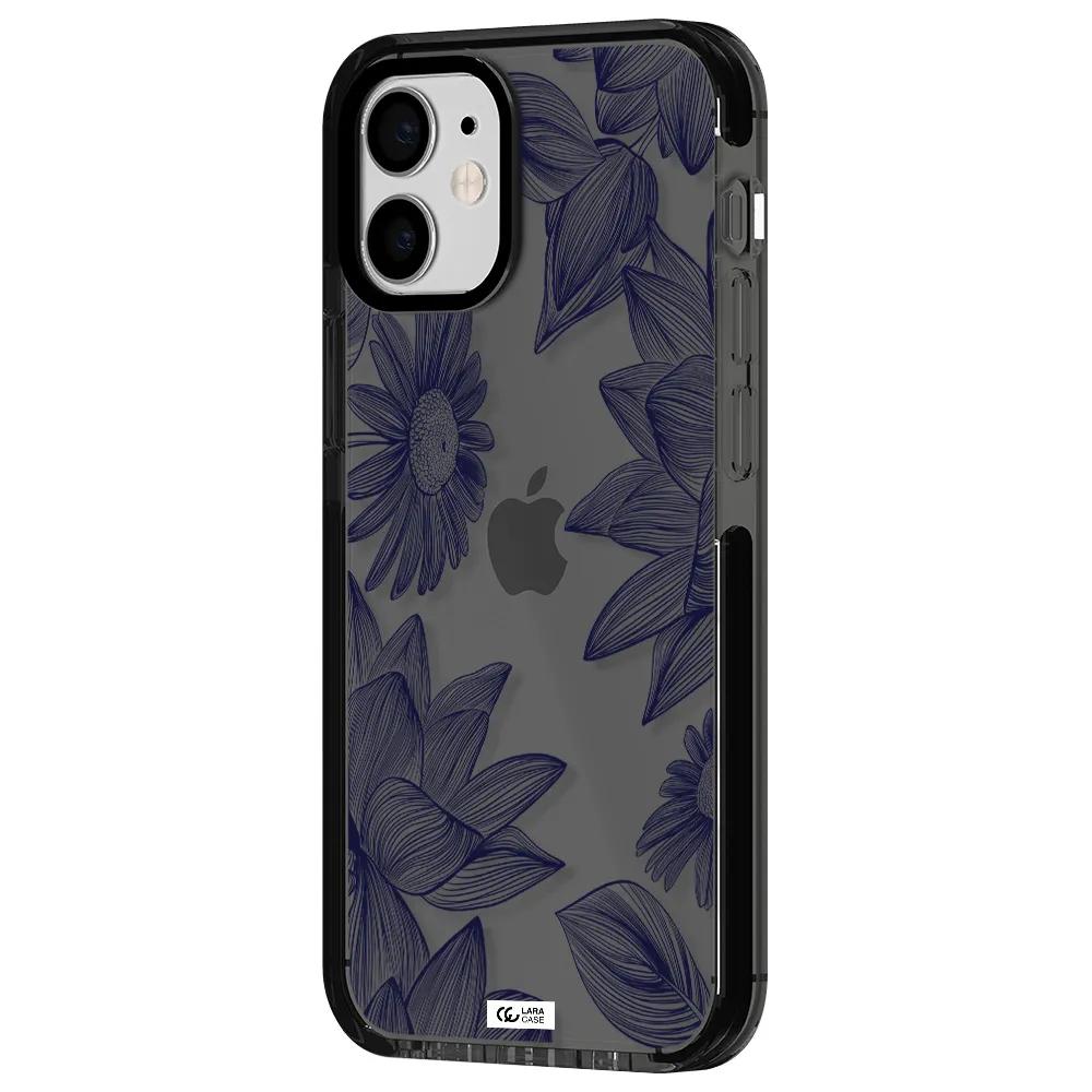Blue Line Flower Apple iPhone 12 mini impact Smoke Black Case
