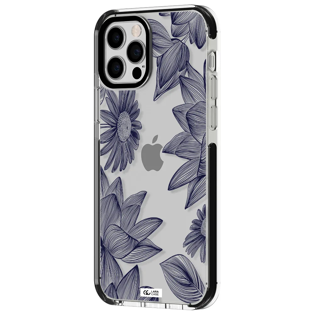 Blue Line Flower Apple iPhone 12 pro impact black border Case