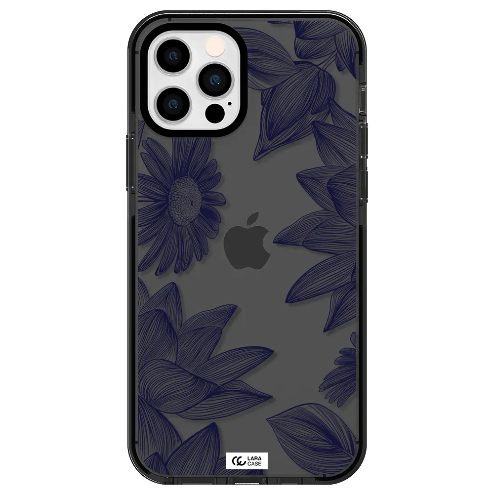 Blue Line Flower Apple iPhone 12 pro impact Smoke Black Case