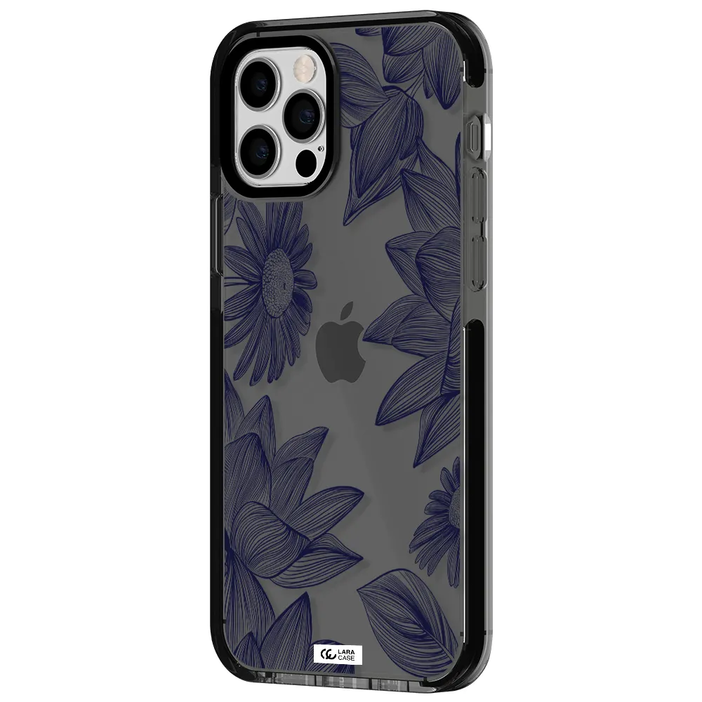 Blue Line Flower Apple iPhone 12 pro impact Smoke Black Case