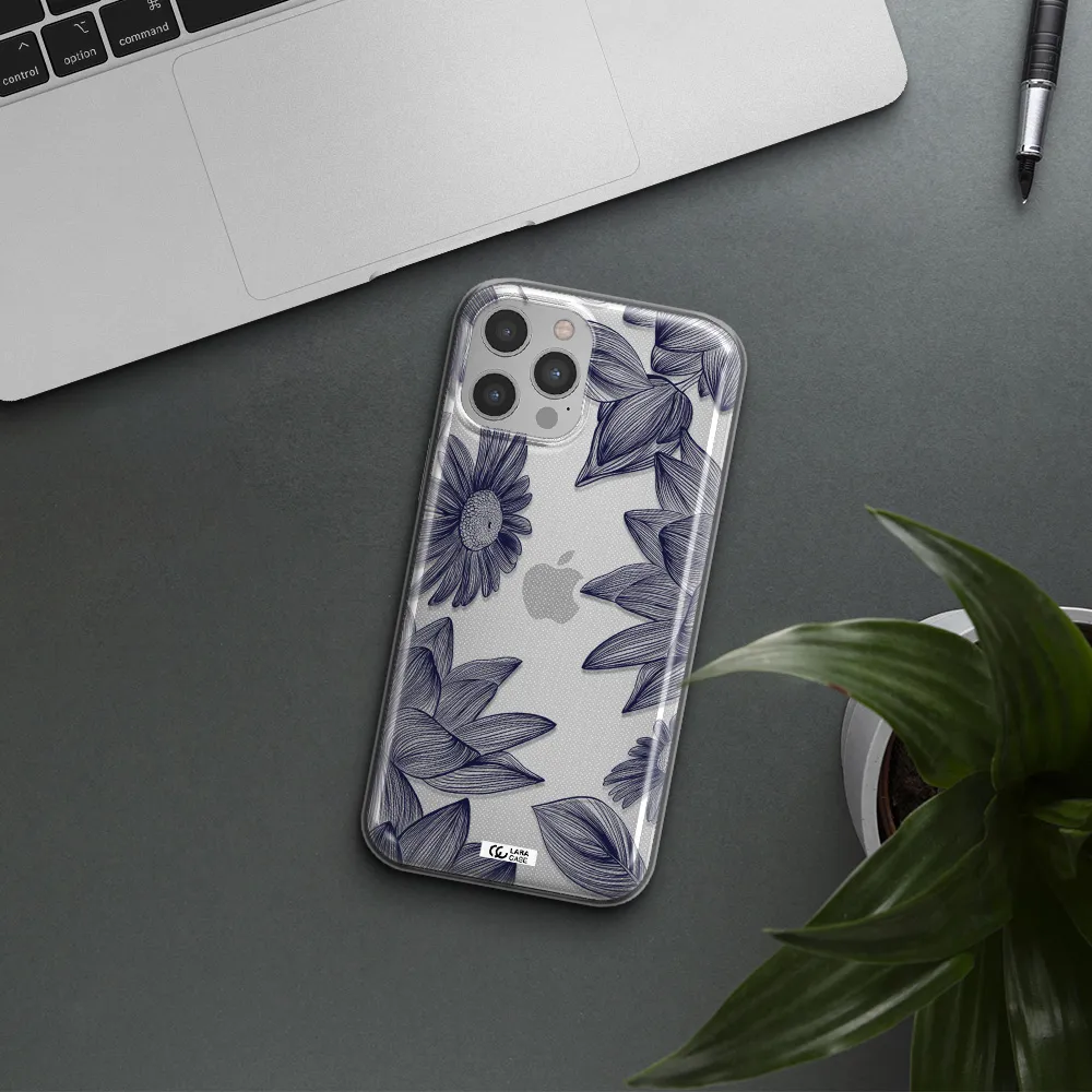 Blue Line Flower Apple iPhone 12 pro max Clear TPU Case